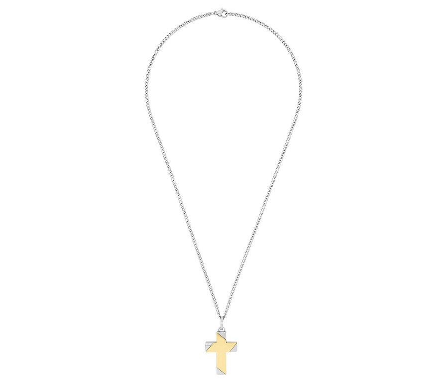 Silberkette mit goldenem Kreuzanhänger.