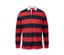 Gestreiftes, marineblau-rotes Langarm-Poloshirt.