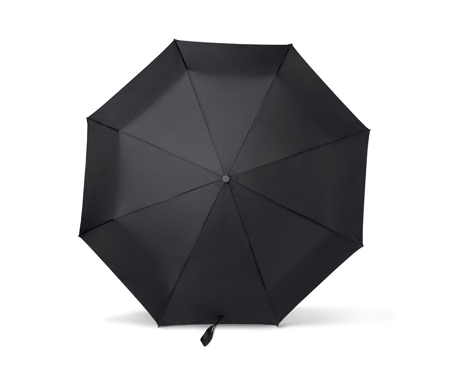 Detailaufnahme von oben eines geöffneten, schwarzen Automatik-Taschenschirms.