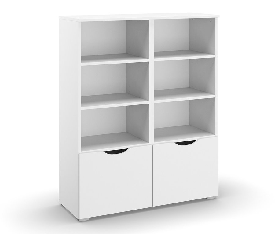 Weißes Regal Alvara mit sechs Fächern oben und zwei Schubladen unten.