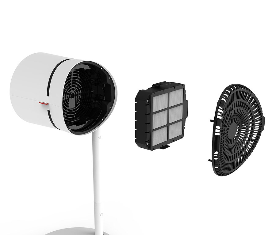 Ein zerlegter Boneco Air-Shower-Ventilator und Luftreiniger auf weißem Hintergrund.