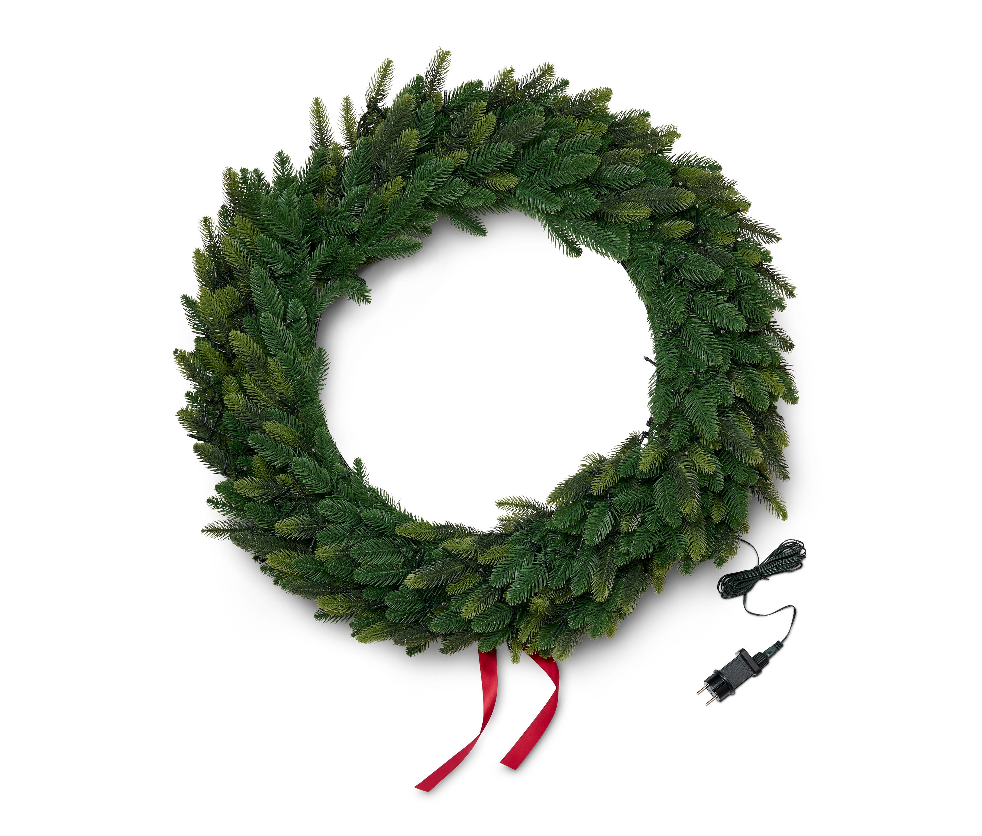 Ein XL-LED-Dekokranz mit einem roten Band liegt auf einem weißen Hintergrund.