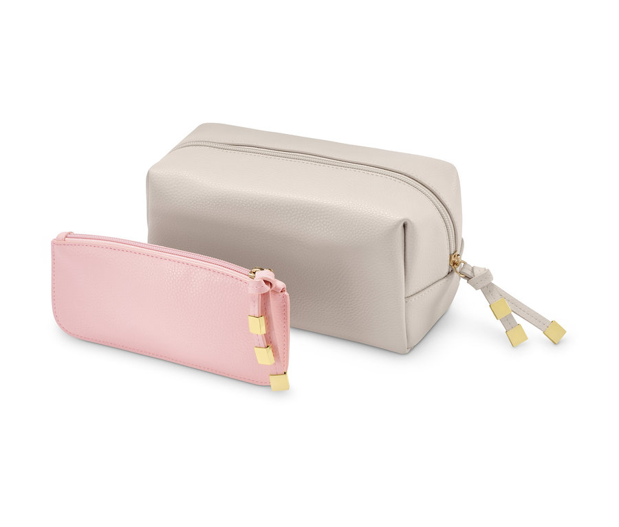 Kosmetiktaschen-Set: eine cremefarbene und eine rosafarbene Tasche.