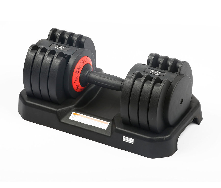 Eine schwarze, verstellbare Body Coach Kurzhantel (3–25 kg) auf einer schwarzen Basis.