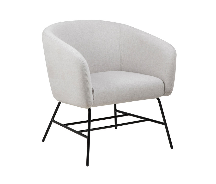 Ein grauer Loungesessel mit schwarzen Metallbeinen.