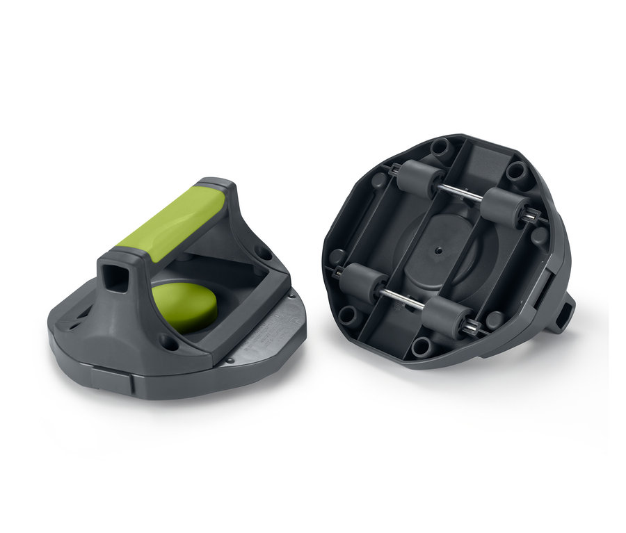 Zwei 3-in-1-Liegestützgriffe in Grau mit limettengrünen Details.