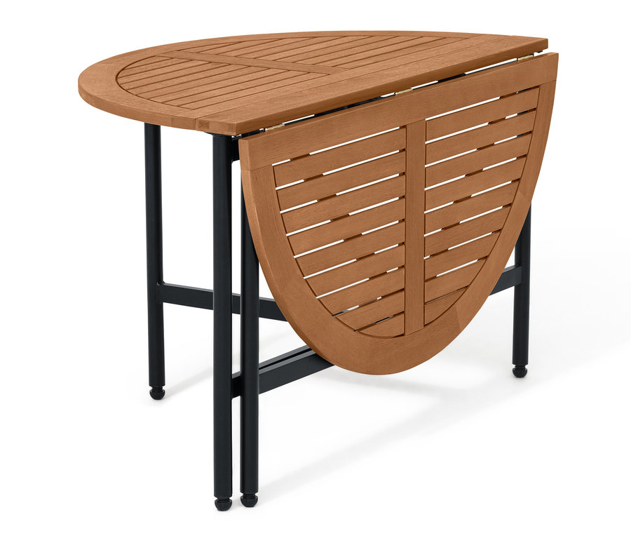 Ein teilweise ausgeklappter Ausklapptisch »Elin« mit einer Holzplatte und schwarzen Beinen.