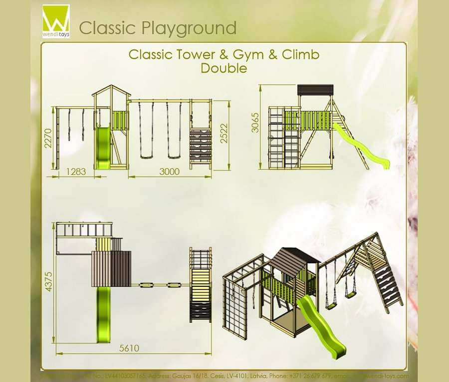 Diagramm des Wendi Spielplatzes Dino mit Abmessungen.