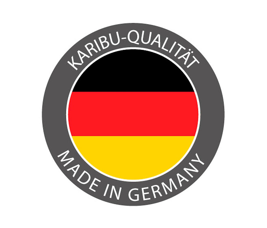 Karibu-Qualität Made in Germany Logo mit deutscher Flagge.