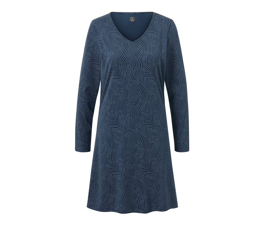 Blaues Nachthemd mit langen Ärmeln und weißem Muster.