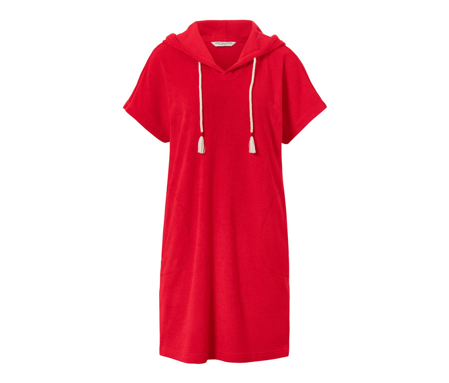 Rotes Frottee-Strandkleid mit Kapuze und Kordelzug.