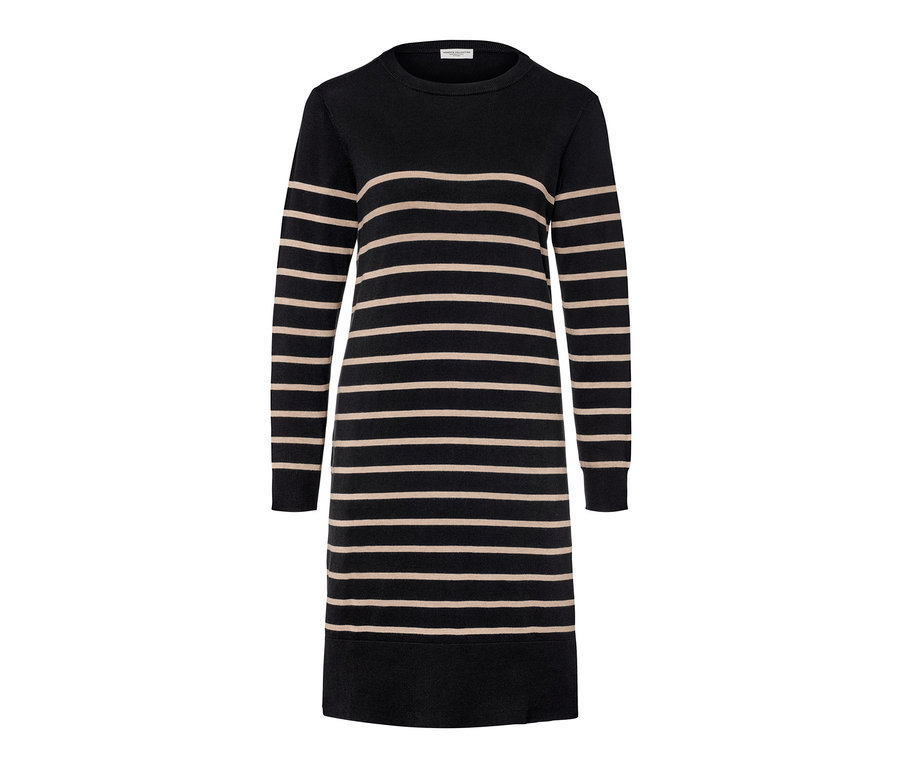 Gestreiftes Feinstrickkleid in Schwarz und Beige.