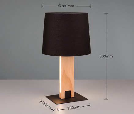 Trio Tischleuchte »Rahul« mit schwarzem Schirm auf Holz- und schwarzem Sockel.
