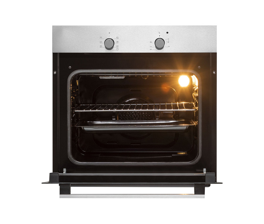 Geöffneter Respekta Einbaubackofen-autark »AB 120-33«, A (von A+++ bis D) mit beleuchtetem Innenraum.