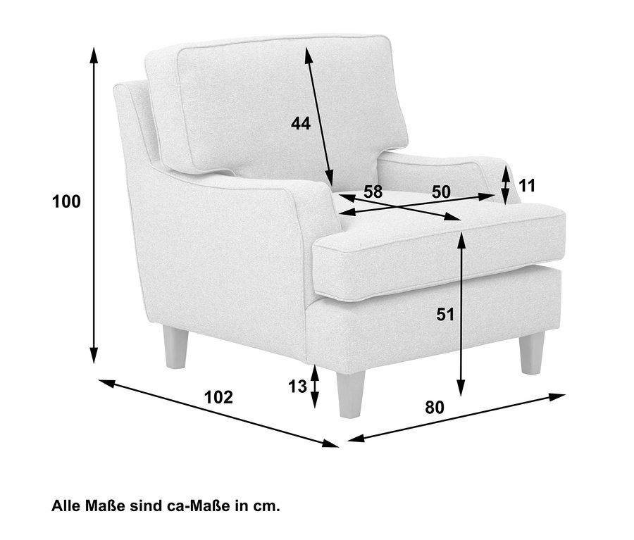 Abmessungen des Sessels »Penny« mit Zitronen-Print sind mit Pfeilen dargestellt.