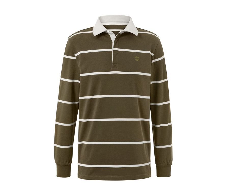 Das Langarm-Poloshirt ist olivfarben mit weißen horizontalen Streifen.