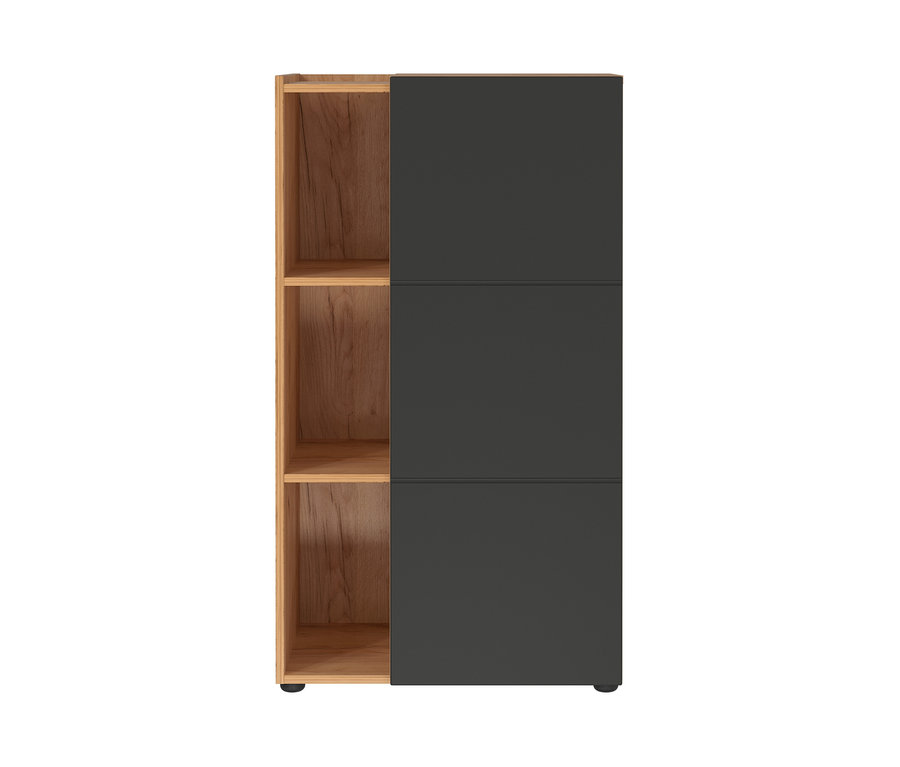 Kleiner Aktenschrank »Olvera« mit Holzstruktur und drei grauen Türen.