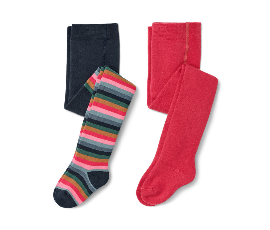 Zwei Kleinkind-Thermostrumpfhosen: eine dunkelblaue und eine gestreifte.