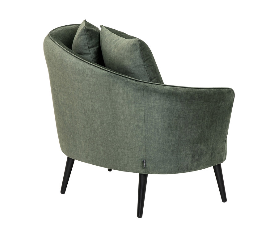 Rückansicht des dunkelgrünen Sessels »Miranda« mit schwarzen Beinen.