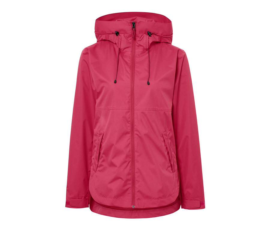 Pinke Regenjacke mit Kapuze und Reißverschluss.