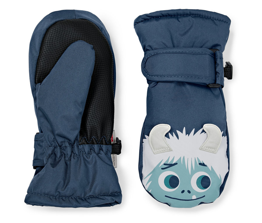 Zwei blaue Kinderfäustlinge mit einem Cartoon-Gesicht.