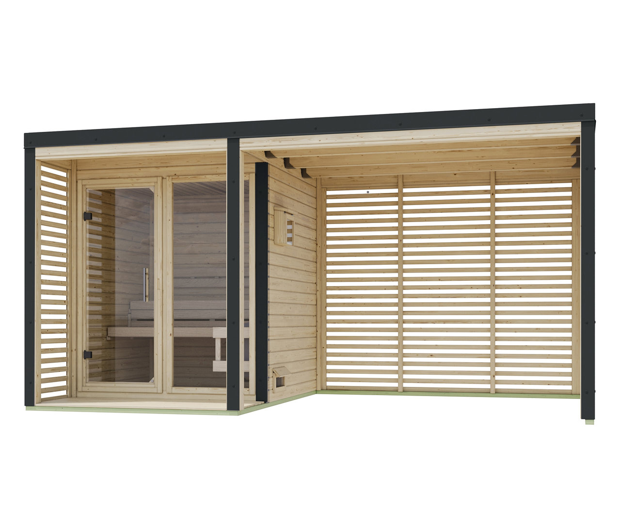 Eine Außensauna mit Glastür und überdachter Terrasse mit Holzlamellen.