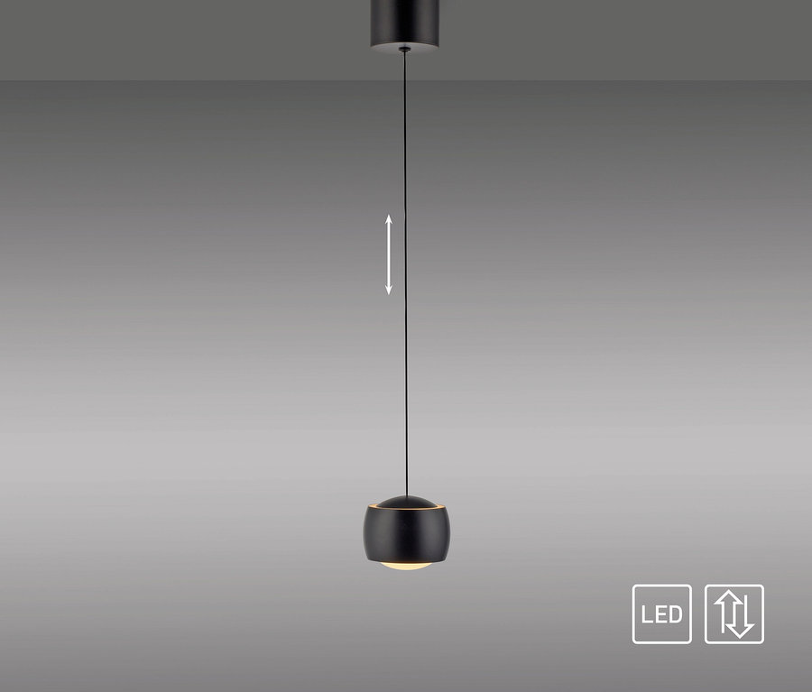 Schwarze LED-Hängeleuchte mit verstellbarer Höhe.