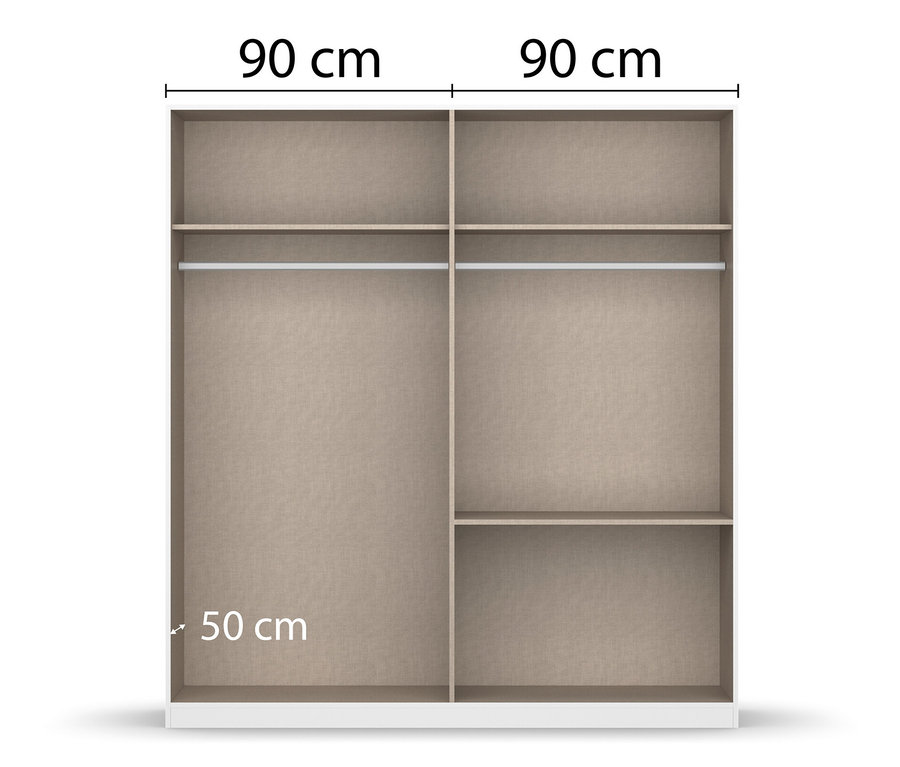 Innenansicht eines Schranks mit zwei Regalen oben und zwei Regalen unten.