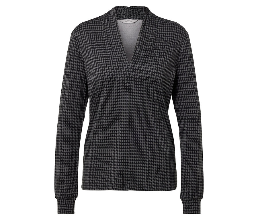 Damenoberteil mit langen Ärmeln und Hahnentrittmuster.