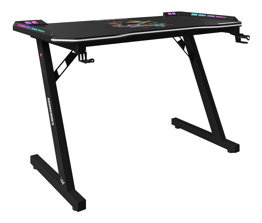 Schwarzer roba Minecraft Gaming-Tisch mit Muster auf der Oberfläche und RGB-Beleuchtung an den Rändern.