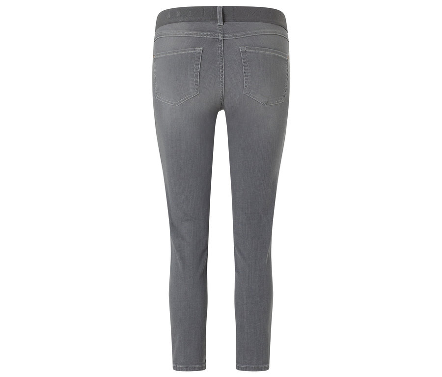 Graue Jeans mit Gummibund, Rückansicht.