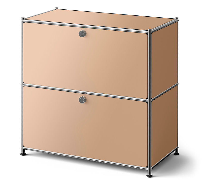 Beiger Schrank mit zwei Schubladen und silbernem Rahmen.