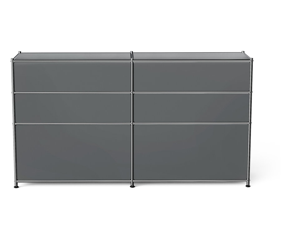 Grauer Schrank mit sechs quadratischen Fächern und silbernem Rahmen.