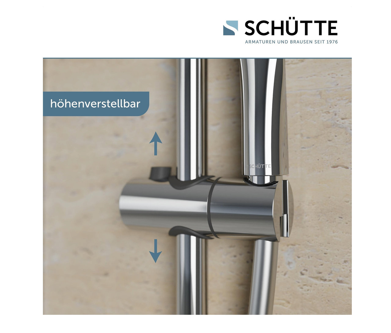 Detail eines verstellbaren, verchromten Brausestangen-Sets »CAPRI«.