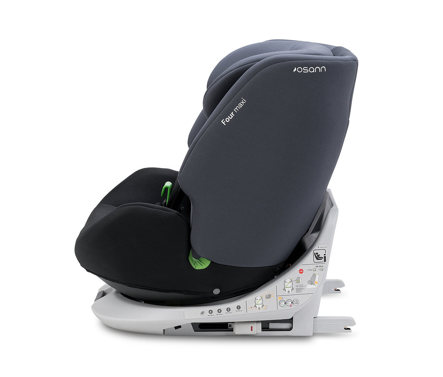 Detailansicht des Osann Kinder-Autositzes »Four maxi« in Grau und Schwarz.