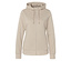 Beige Kapuzenjacke mit Reißverschluss in der Mitte.