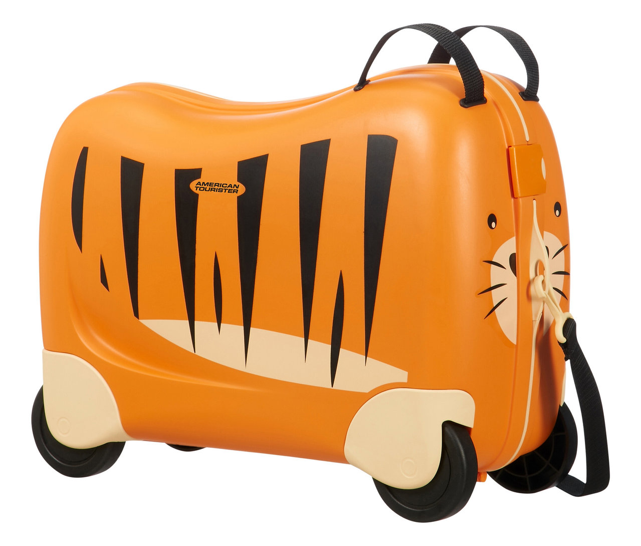 Nahaufnahme eines American Tourister »Funrider« Aufsitzkoffers im Tigerdesign.
