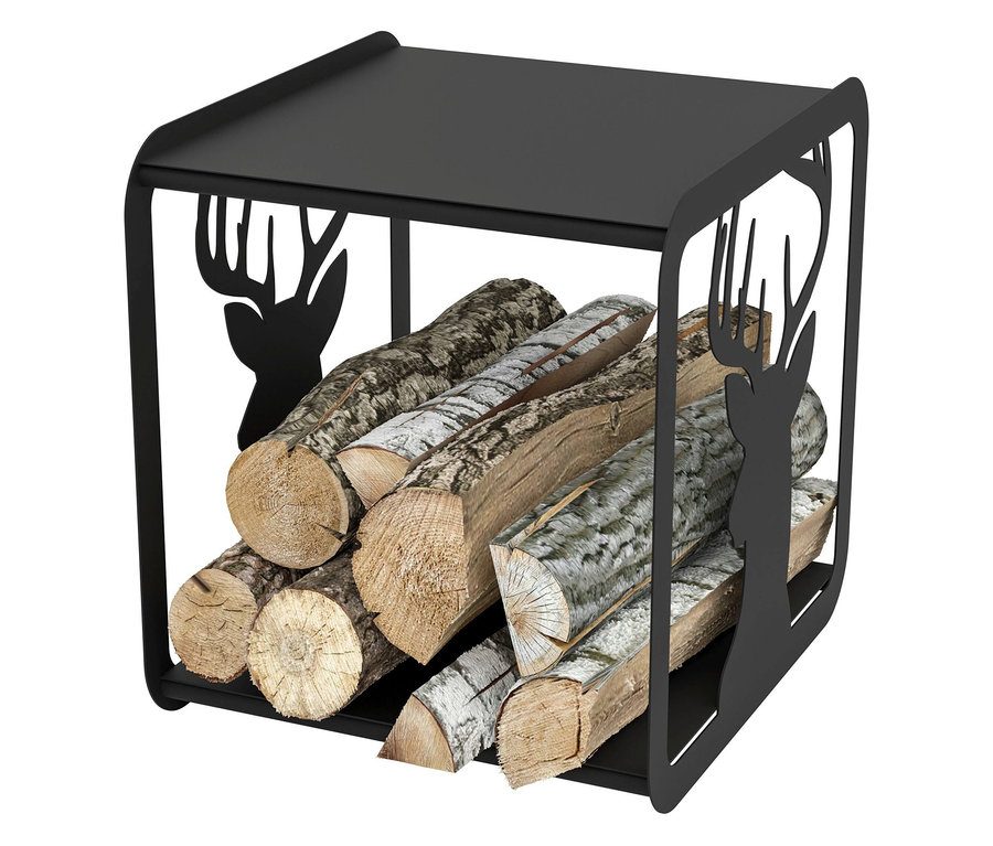 Schwarze Eglo Sacol Holzaufbewahrung voll mit Holzscheiten.