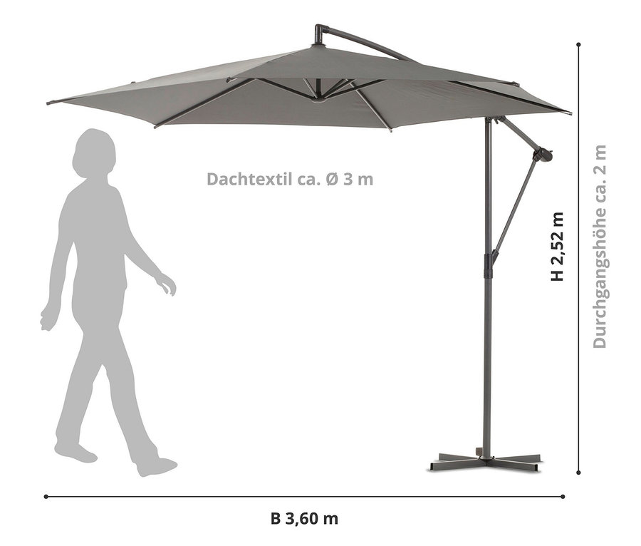 Grauer Leco Ampelschirm* Ø 300 cm mit Ständer und Abdeckhaube und einer Person Silhouette.