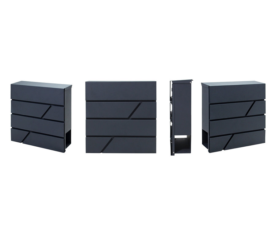 Ansichten eines modernen, anthrazitfarbenen Briefkastens mit horizontalen Linien und einem schrägen Designelement.