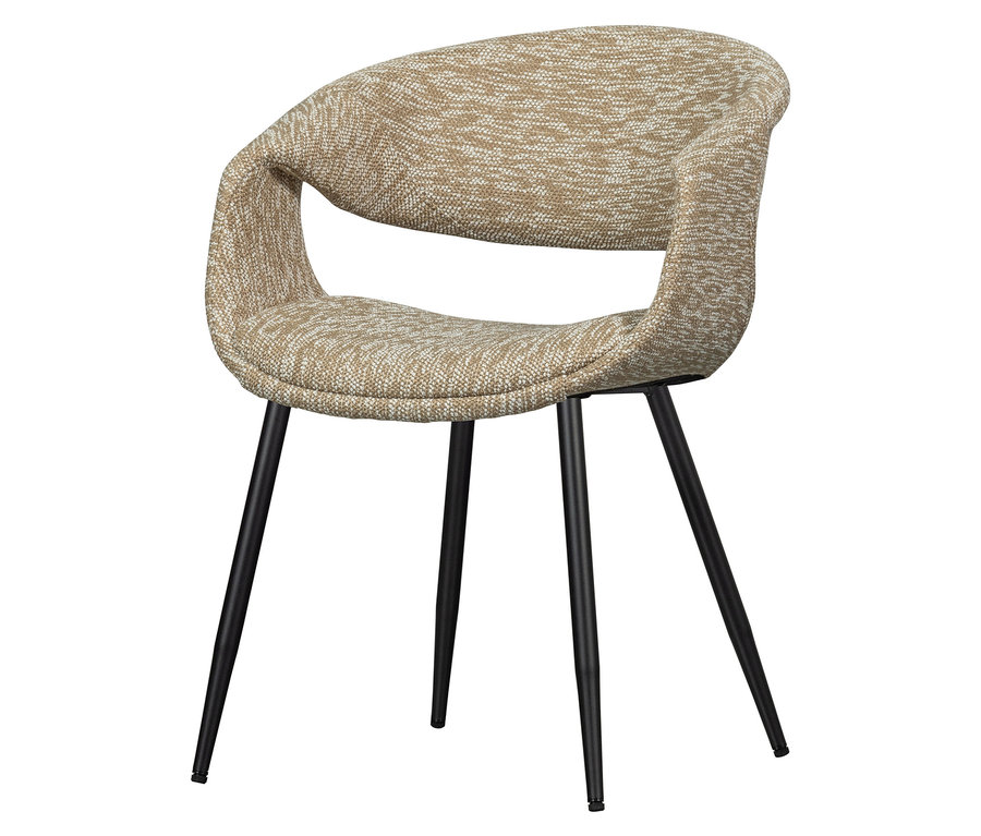 Ein einzelner WOOOD Esszimmerstuhl »Yossi« mit Metallfuß, in Schwarz und Sandfarben.