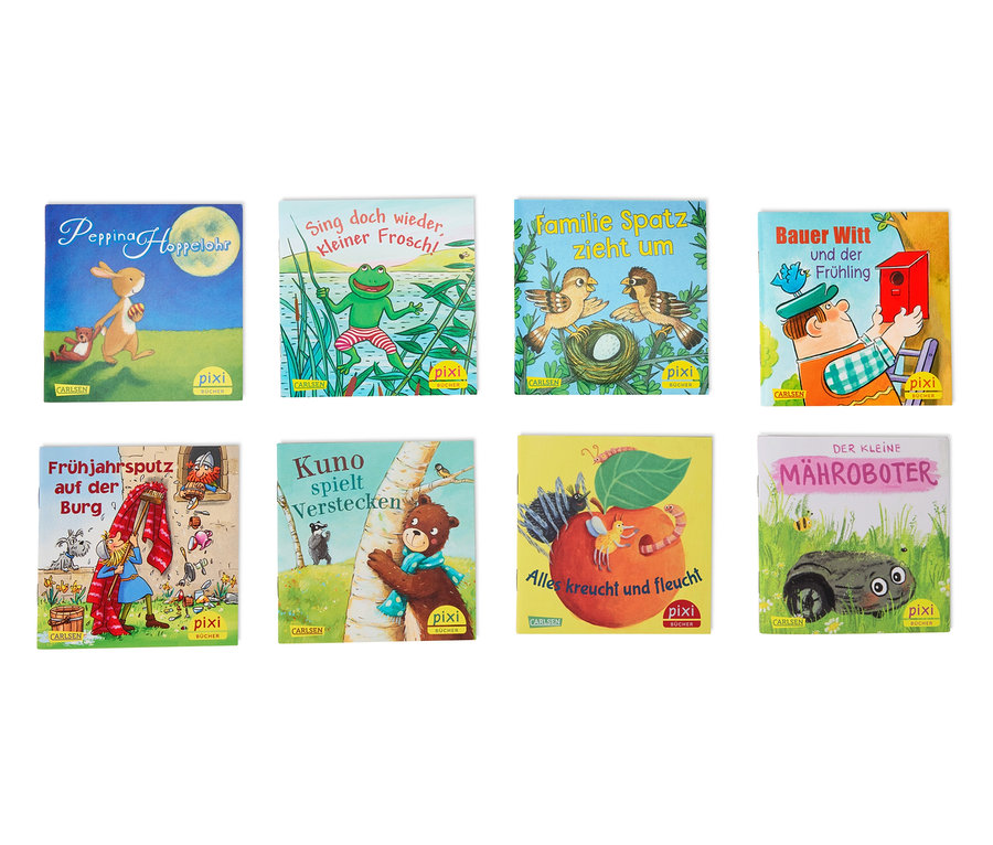 Acht Pixi-Buchcover sind in zwei Reihen angeordnet. Die Bücher zeigen Illustrationen mit Tieren und Menschen.