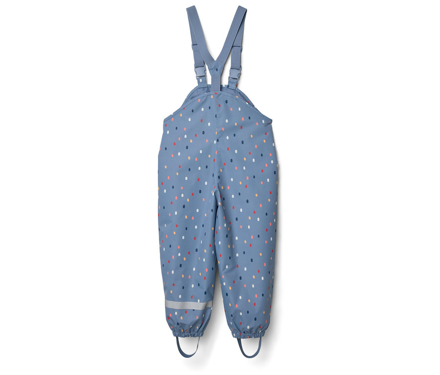 Blaue Matschhose mit bunten Punkten und Reflektorstreifen.
