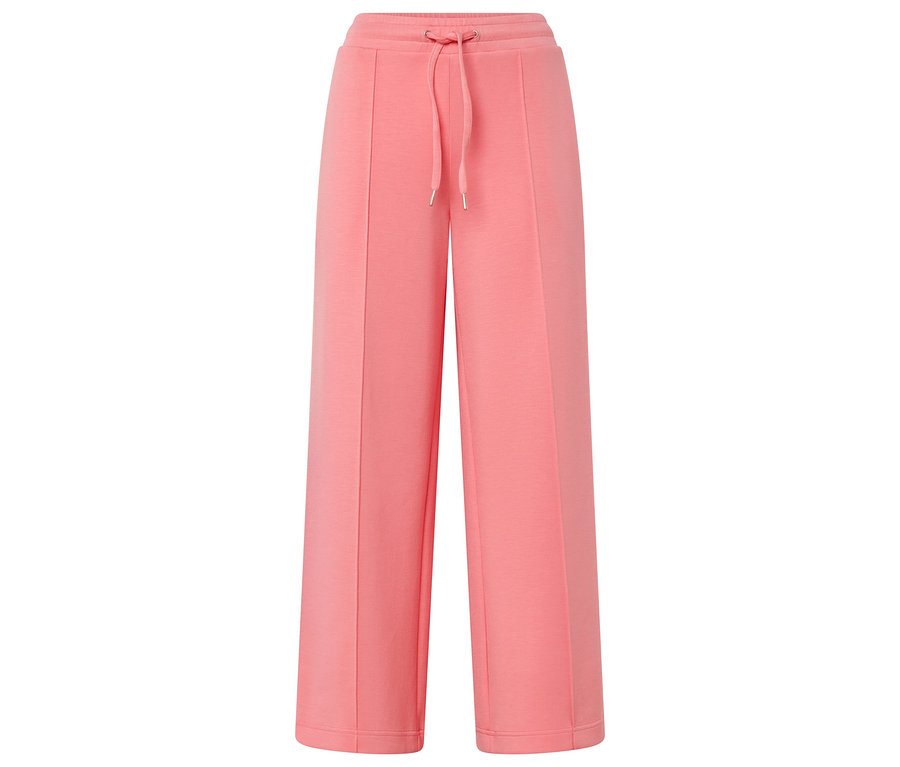 Abgebildet ist eine lange, korallfarbene Hose mit weitem Bein und Kordelzug.