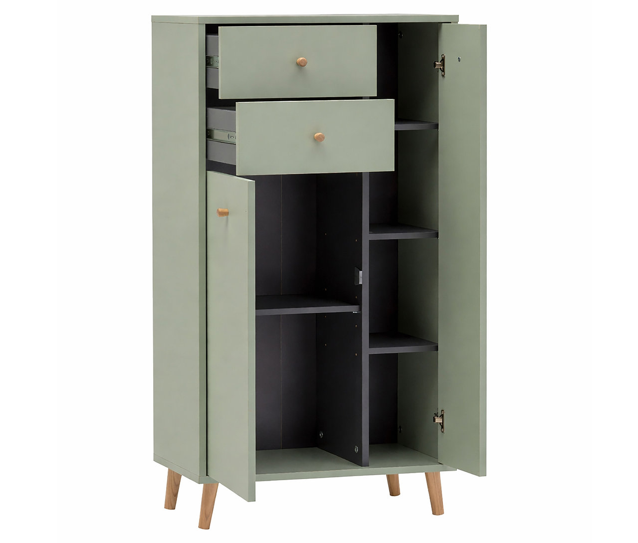 Ein grüner Schrank mit zwei Schubladen und offenen Türen steht auf einem weißen Hintergrund.