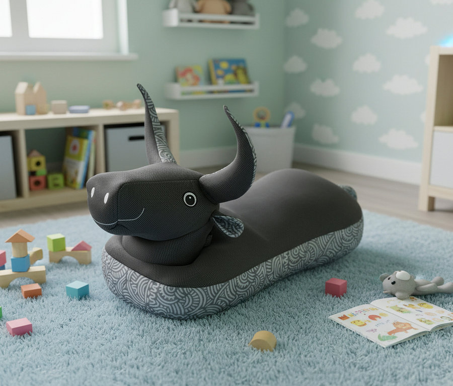 Ein graues Stier-förmiges Sitzkissen liegt auf einem blauen Teppich, umgeben von Spielzeug.