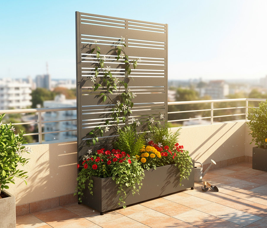 Aufnahme eines bepflanzten grauen Blumenkastens mit einem Spalier auf einem sonnigen Balkon.