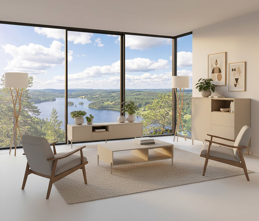 Wohnzimmer mit zwei Sesseln und einem »Hygge« Couchtisch in Cashmere-Weiß vor einem Panoramafenster mit Seeblick.