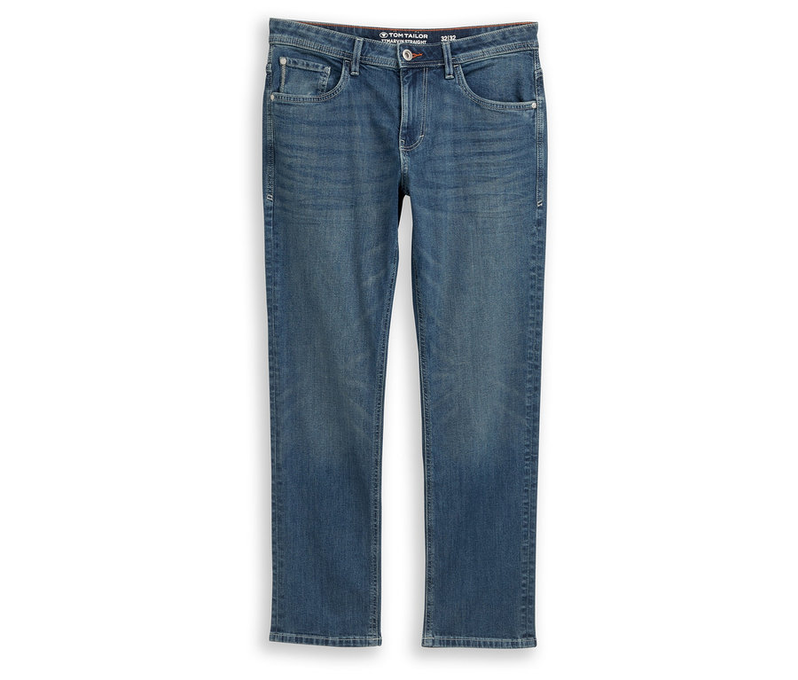 Tom Tailor TT MARVIN STRAIGHT Jeans mit Stretch, Used Mid Stone Blue Denim, liegend auf weißem Grund.