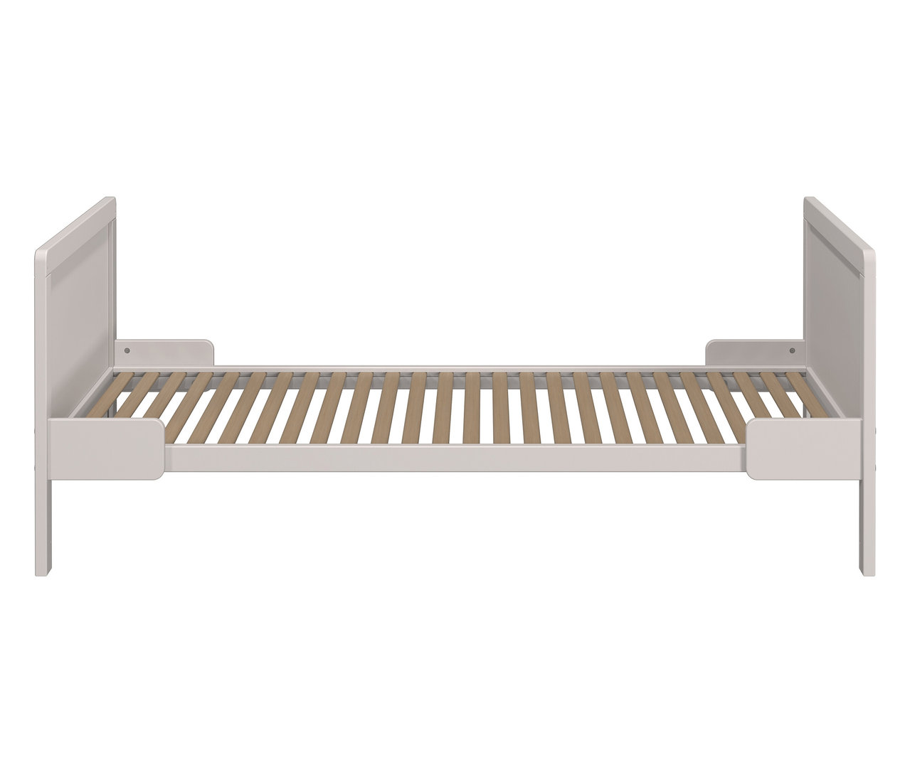 Weißes Holzbettgestell mit Lattenrost.